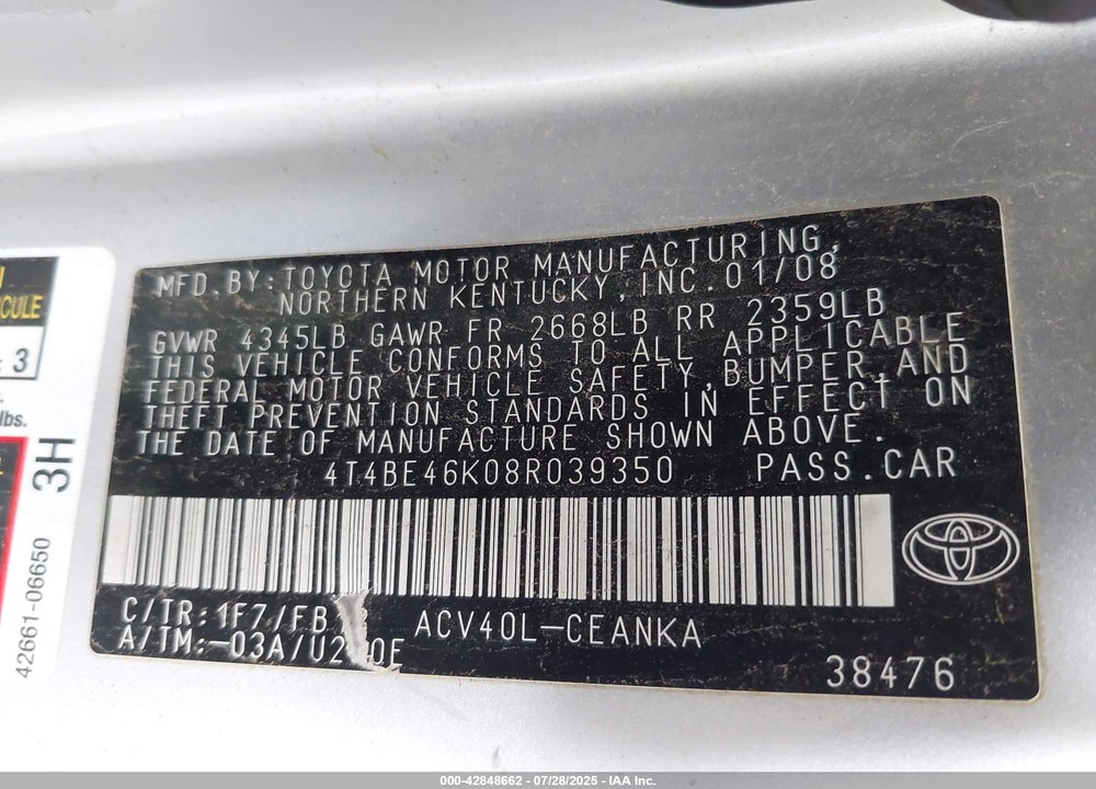 2008 TOYOTA CAMRY VIN: 4T4BE46K08R039350