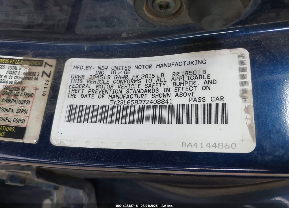2007 PONTIAC VIBE VIN: 5Y2SL65837Z408841