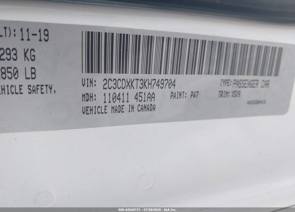 2019 DODGE CHARGER VIN: 2C3CDXKT3KH749704