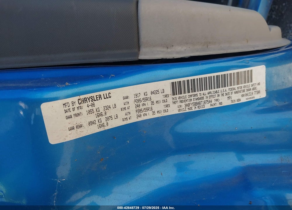 2008 CHRYSLER PT CRUISER VIN: 3A8FY58B08T187544
