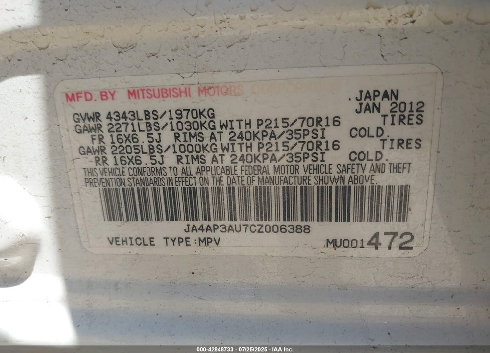 2012 MITSUBISHI OUTLANDER SPORT VIN: JA4AP3AU7CZ006388