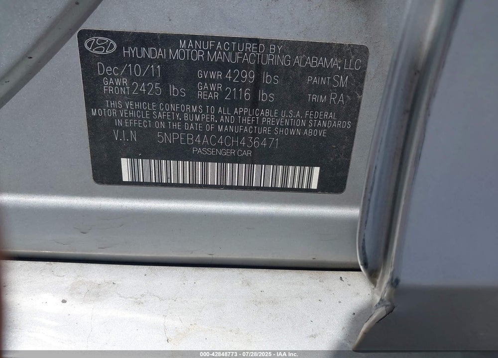 2012 HYUNDAI SONATA VIN: 5NPEB4AC4CH436471