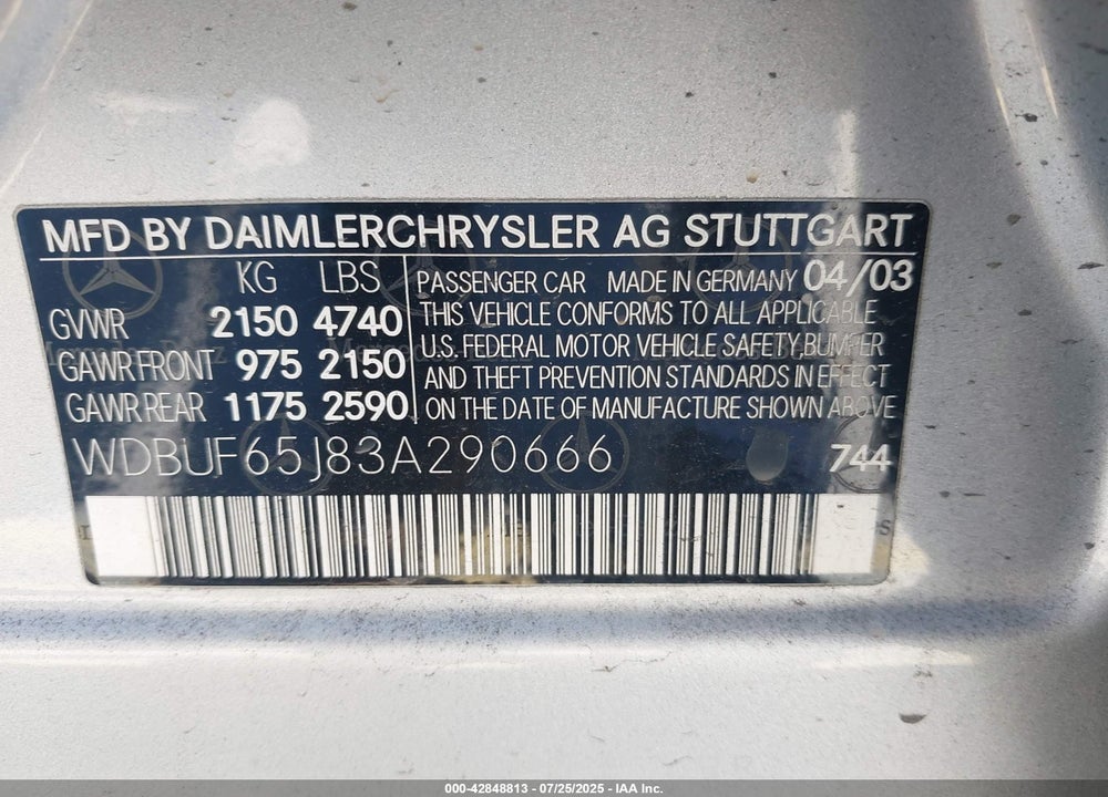 2003 MERCEDES-BENZ E 320 VIN: WDBUF65J83A290666