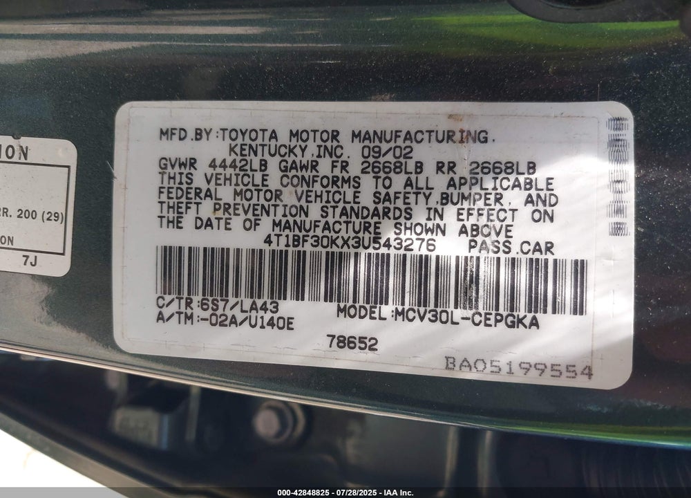2003 TOYOTA CAMRY VIN: 4T1BF30KX3U543276