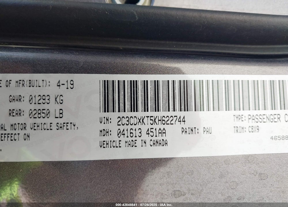 2019 DODGE CHARGER VIN: 2C3CDXKT5KH622744