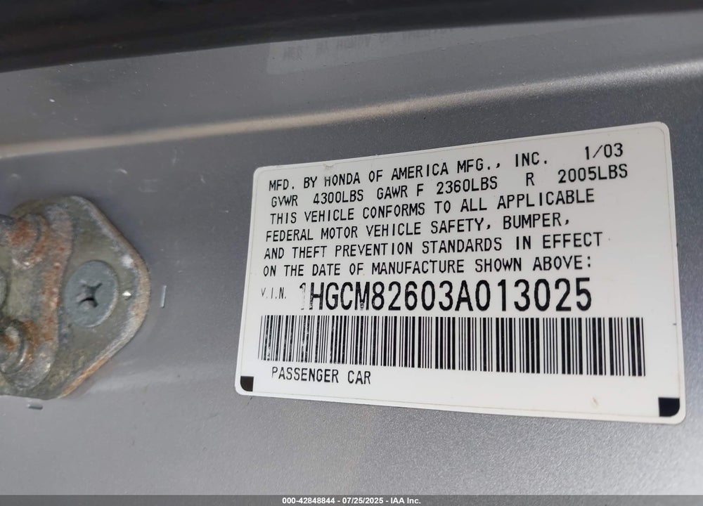 2003 HONDA ACCORD VIN: 1HGCM82603A013025