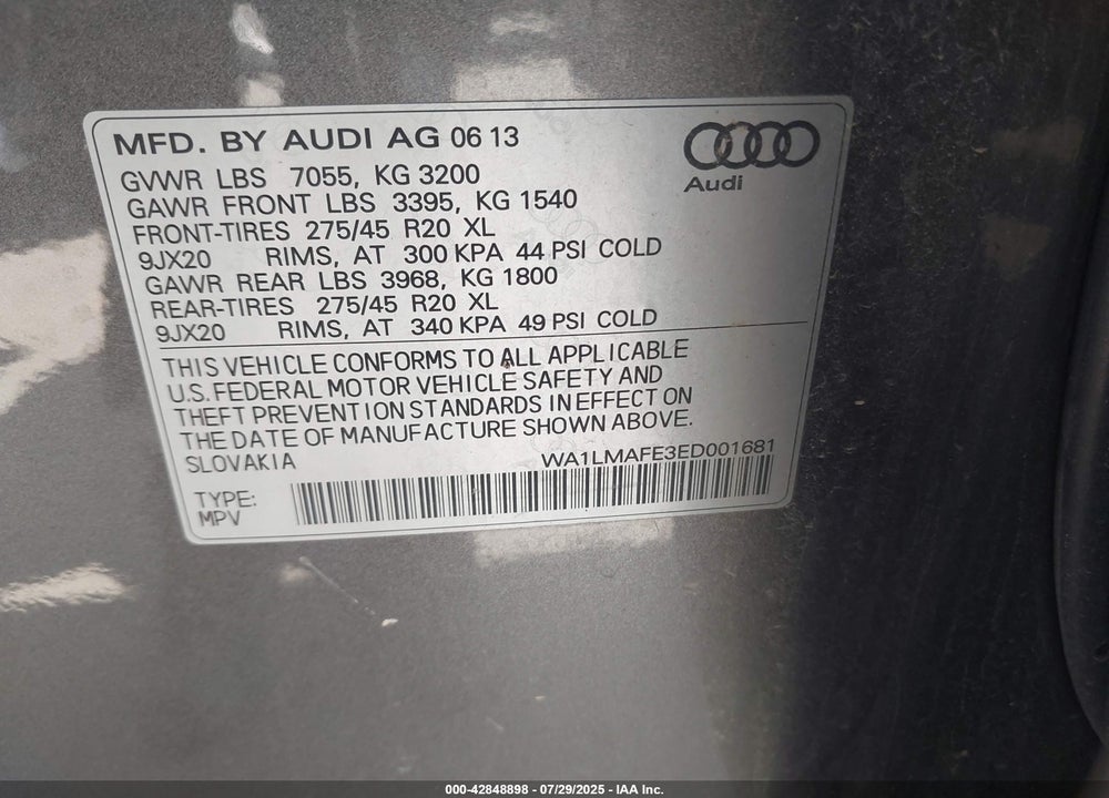 2014 AUDI Q7 VIN: WA1LMAFE3ED001681