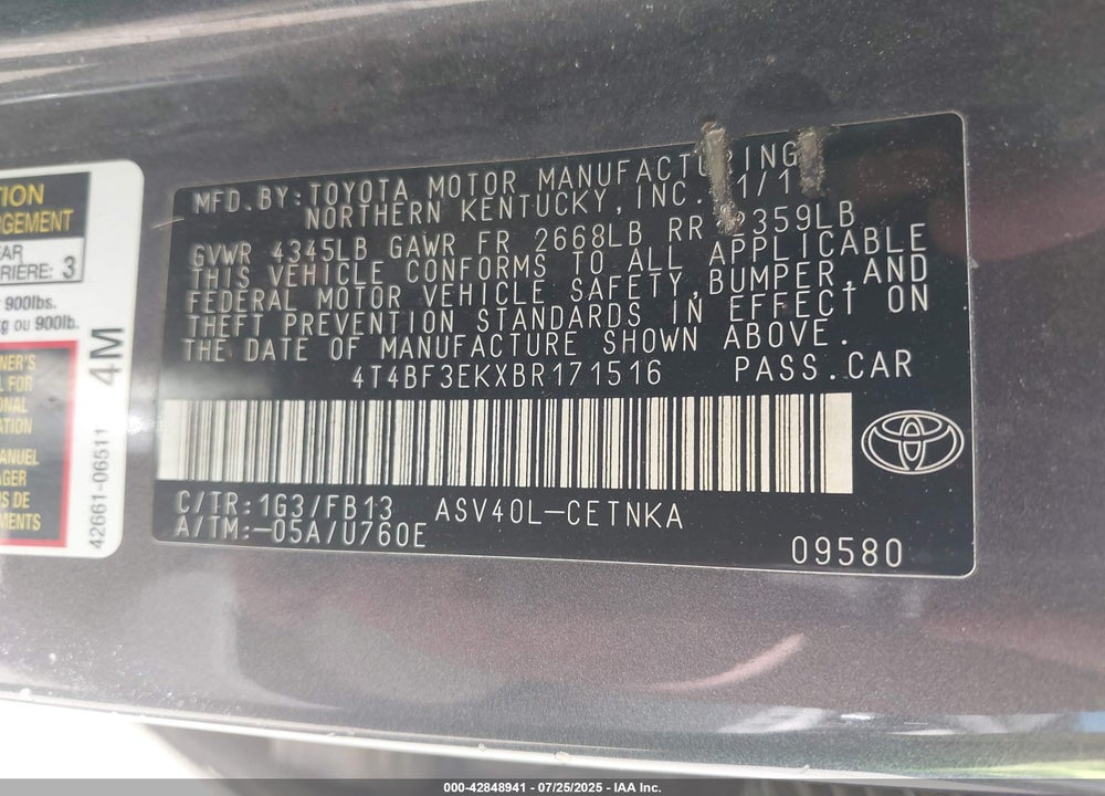 2011 TOYOTA CAMRY VIN: 4T4BF3EKXBR171516