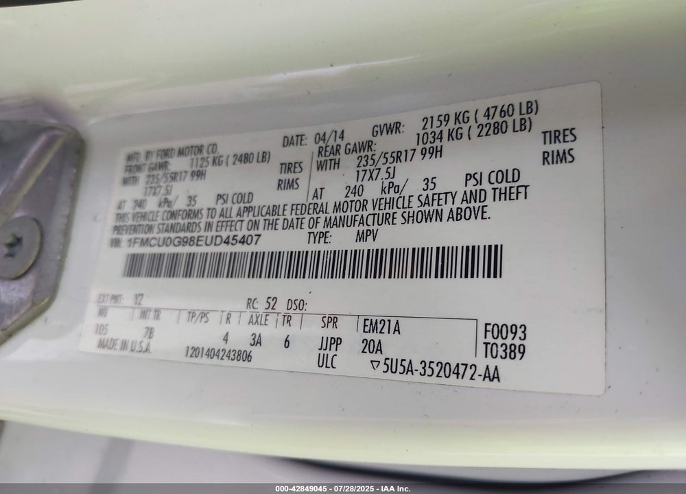 2014 FORD ESCAPE VIN: 1FMCU0G98EUD45407