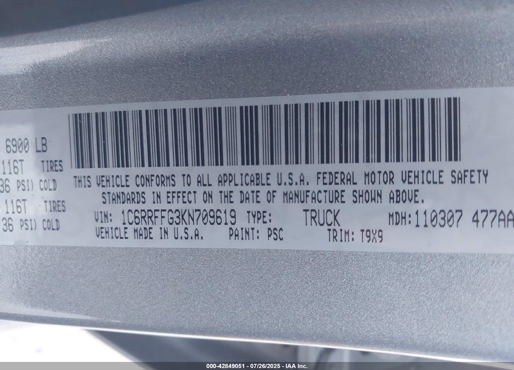 2019 RAM 1500 VIN: 1C6RRFFG3KN709619