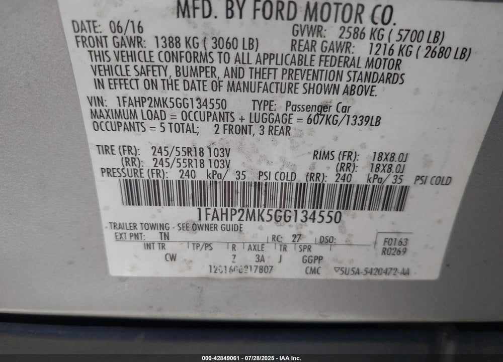 2016 FORD POLICE INTERCEPTOR SEDAN VIN: 1FAHP2MK5GG134550