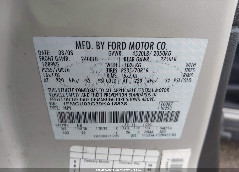 2009 FORD ESCAPE VIN: 1FMCU03G39KA18838