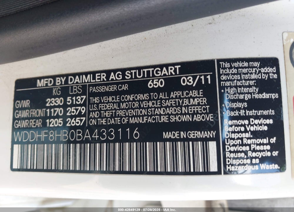 2011 MERCEDES-BENZ E-CLASS VIN: WDDHF8HB0BA433116