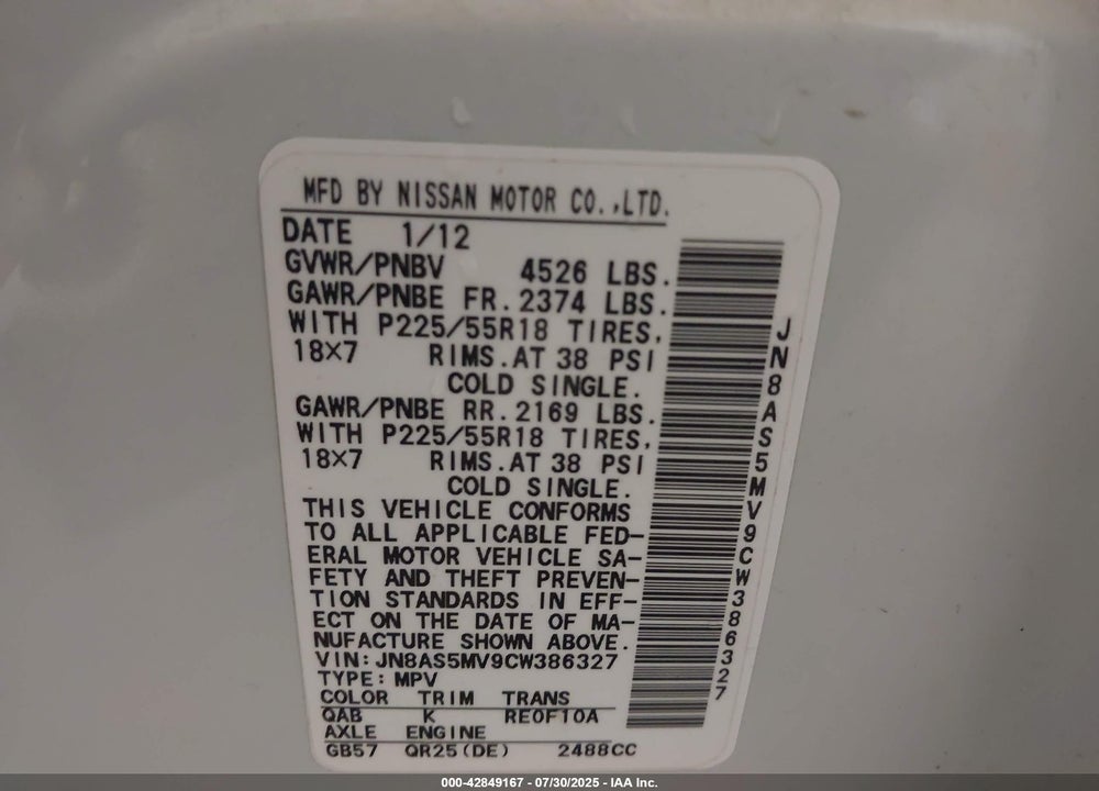 2012 NISSAN ROGUE VIN: JN8AS5MV9CW386327