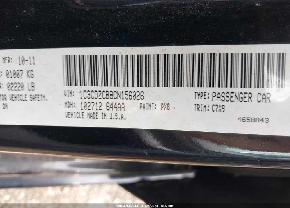2012 DODGE AVENGER VIN: 1C3CDZCB8CN156026