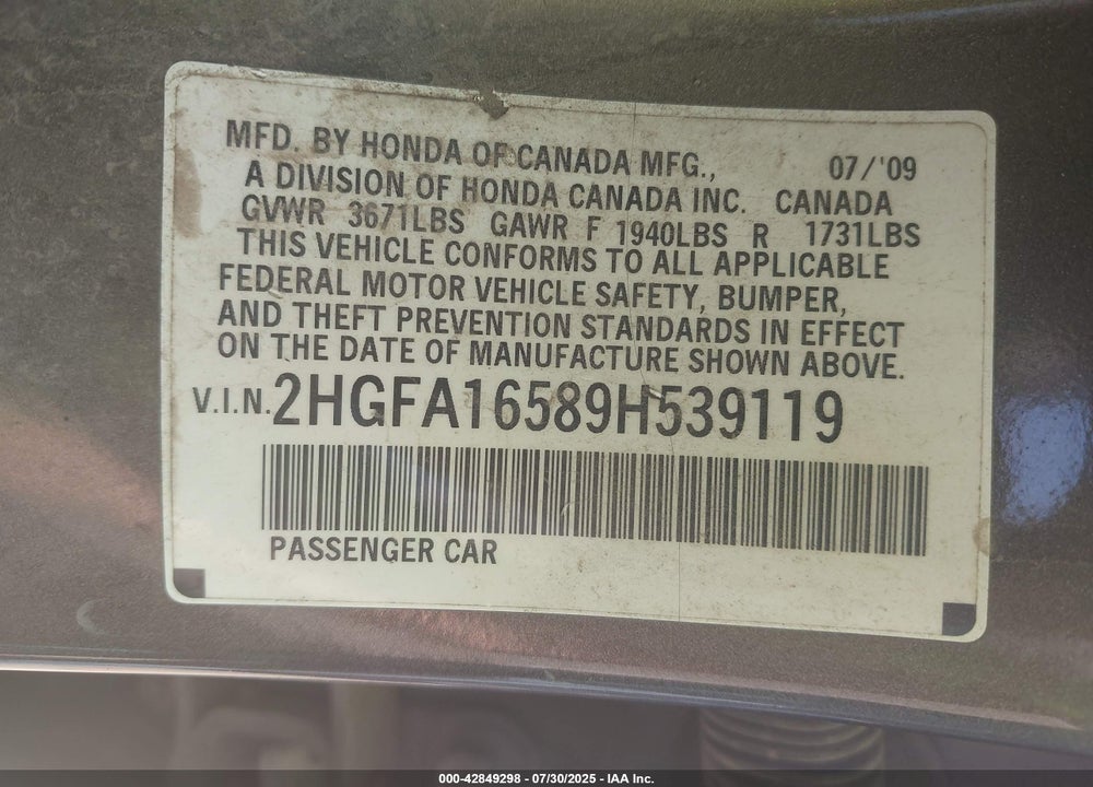 2009 HONDA CIVIC LX VIN: 2HGFA16589H539119