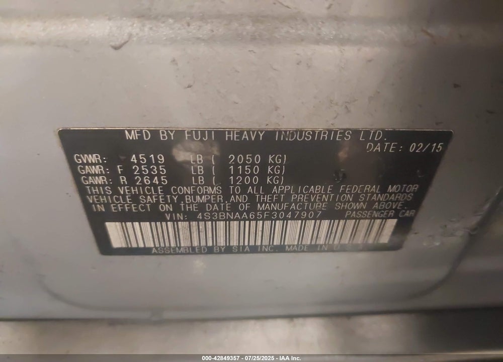 2015 SUBARU LEGACY VIN: 4S3BNAA65F3047907