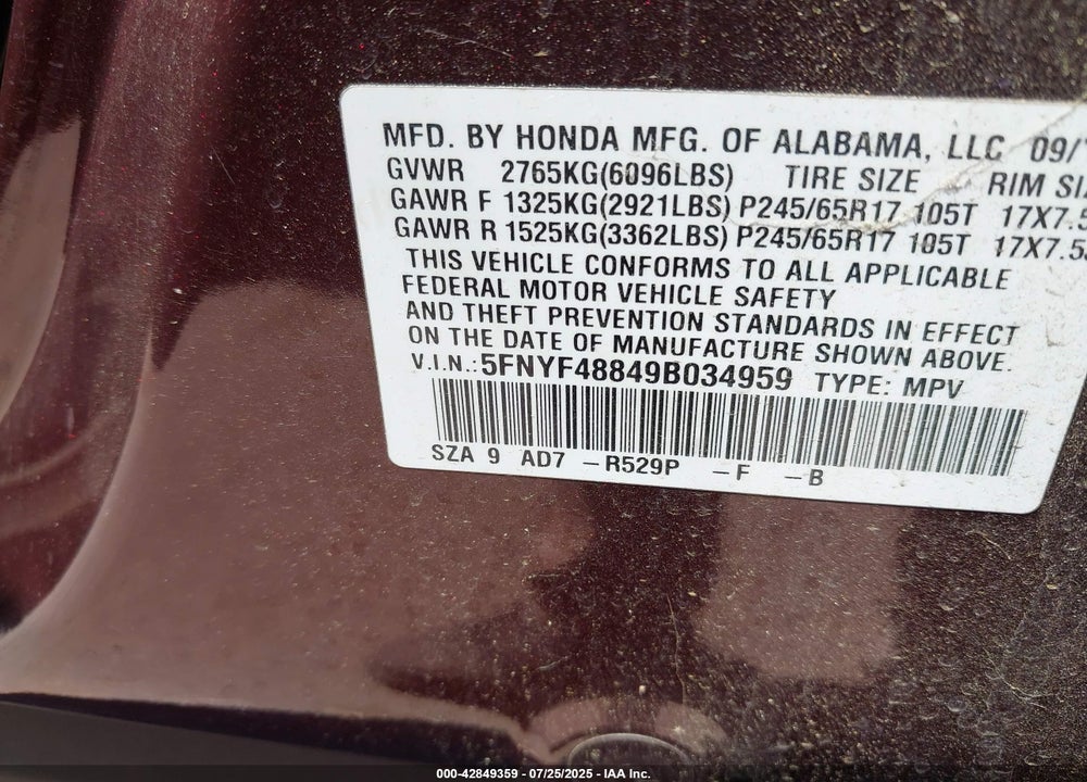 2009 HONDA PILOT TOURING VIN: 5FNYF48849B034959