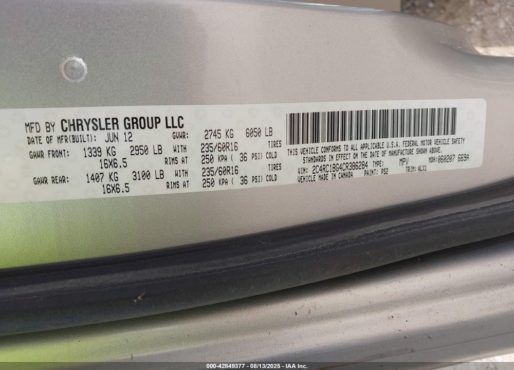 2012 CHRYSLER TOWN & COUNTRY TOURING VIN: 2C4RC1BG4CR386284
