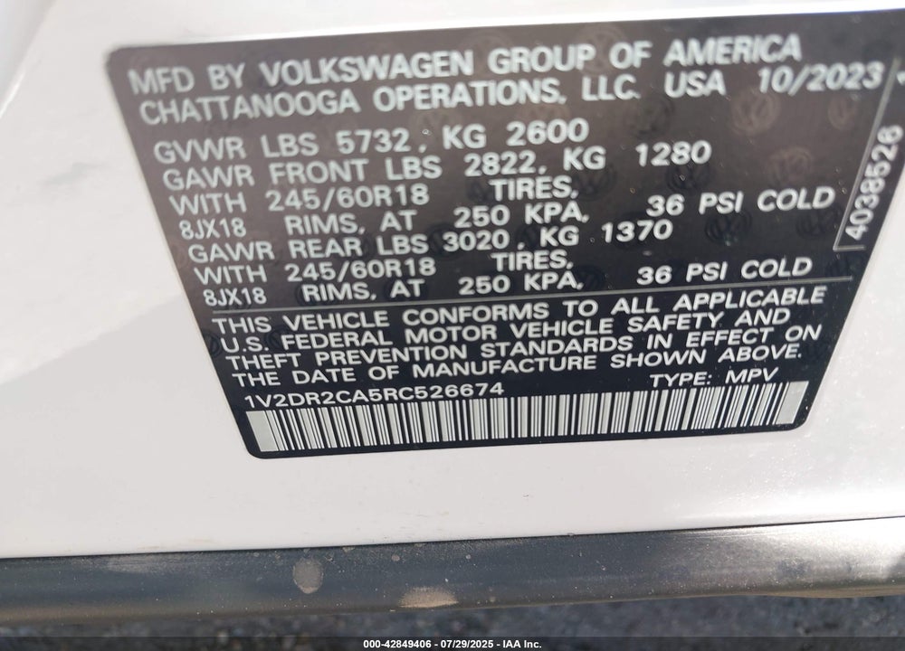 2024 VOLKSWAGEN ATLAS 2.0T SE VIN: 1V2DR2CA5RC526674