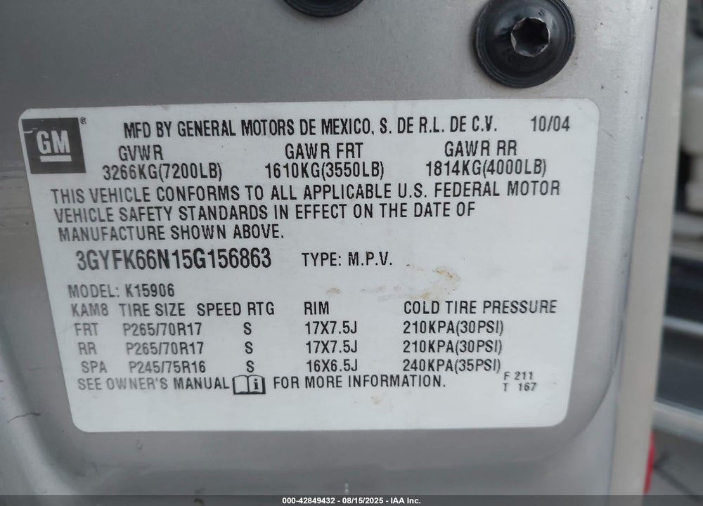 2005 CADILLAC ESCALADE ESV STANDARD VIN: 3GYFK66N15G156863