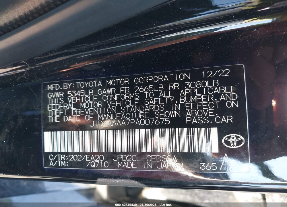 2023 TOYOTA MIRAI VIN: JTDAAAAA7PA007675