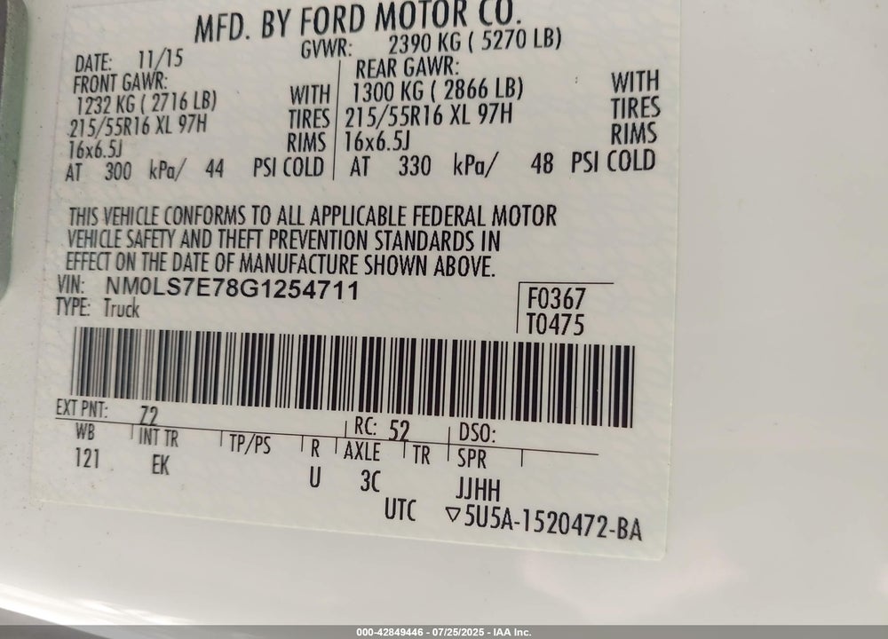 2016 FORD TRANSIT CONNECT XL VIN: NM0LS7E78G1254711
