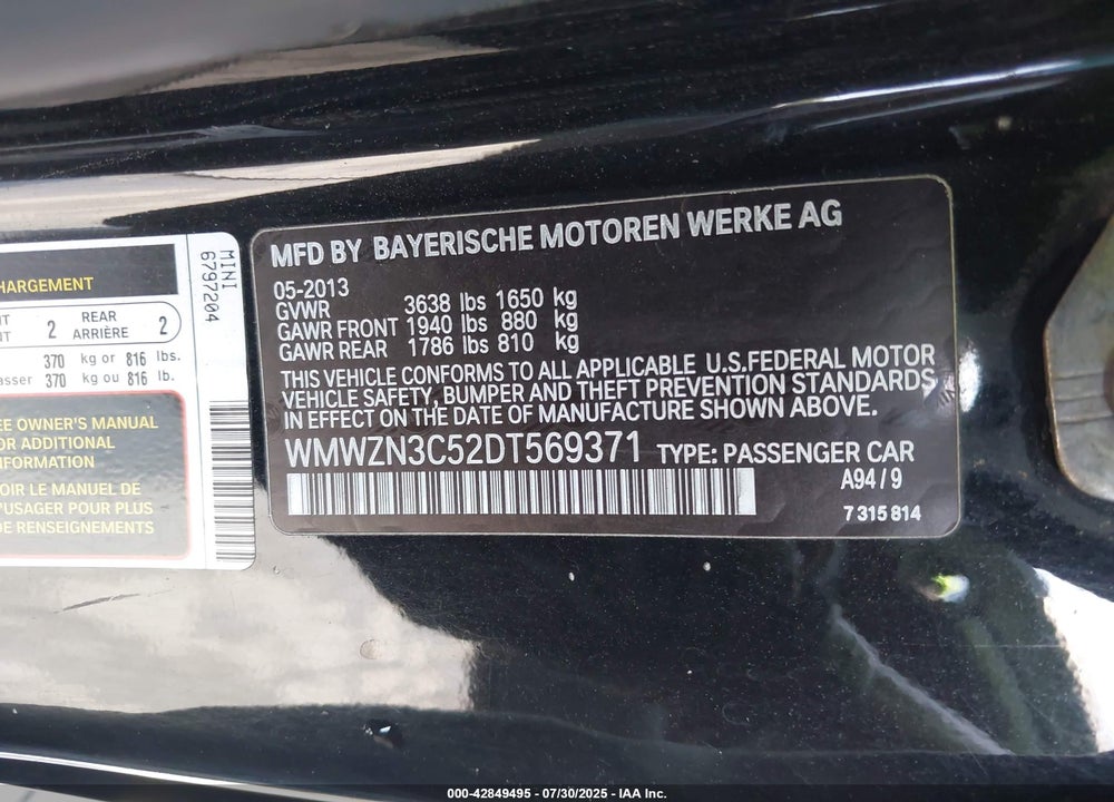 2013 MINI CONVERTIBLE VIN: WMWZN3C52DT569371