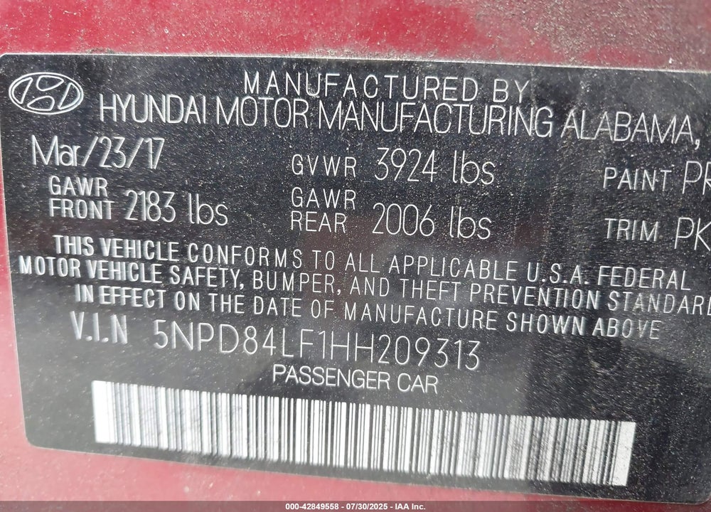 2017 HYUNDAI ELANTRA LIMITED VIN: 5NPD84LF1HH209313
