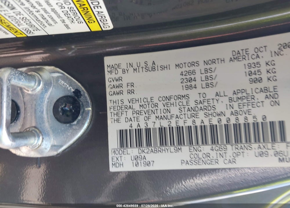 2010 MITSUBISHI ECLIPSE SPYDER GS VIN: 4A37L2EF8AE008850