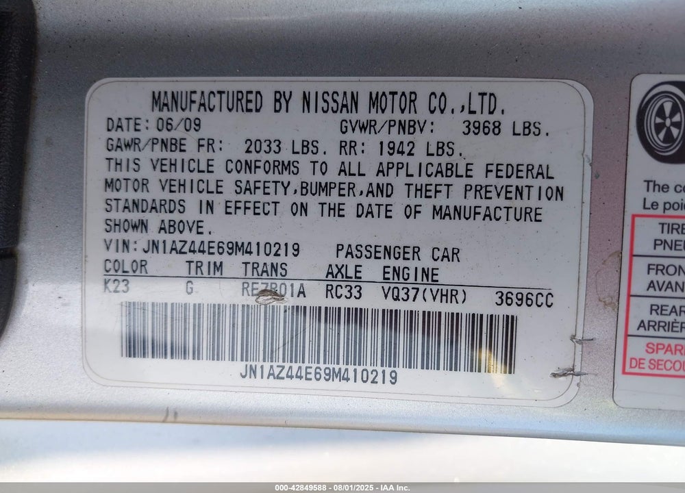 2009 NISSAN 370Z VIN: JN1AZ44E69M410219