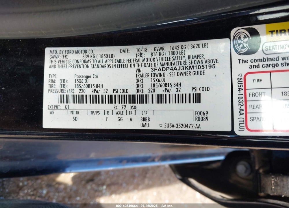 2019 FORD FIESTA S VIN: 3FADP4AJ3KM105195