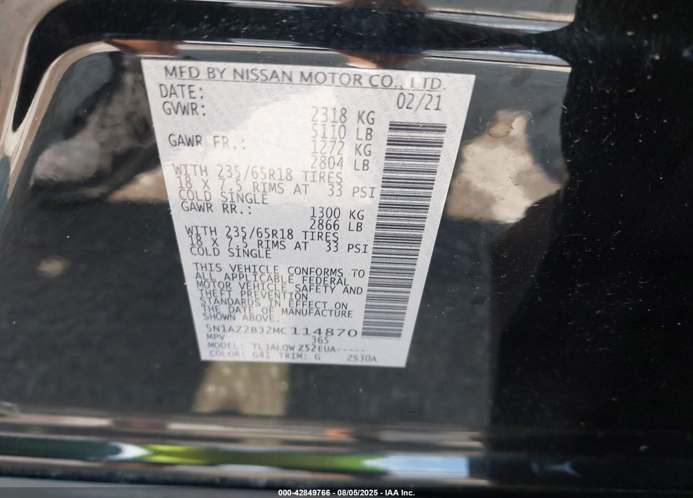 2021 NISSAN MURANO VIN: 5N1AZ2BJ2MC114870