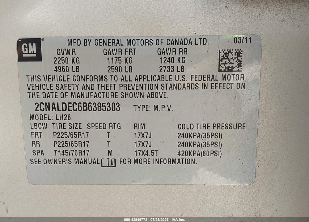 2011 CHEVROLET EQUINOX VIN: 2CNALDEC6B6385303
