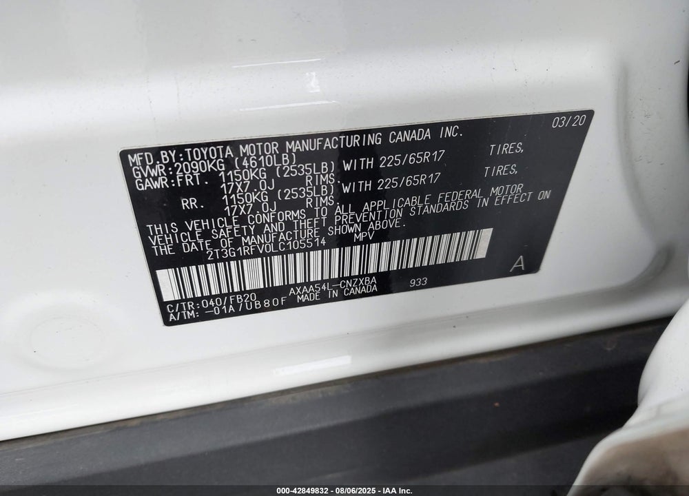 2020 TOYOTA RAV4 VIN: 2T3G1RFV0LC105514