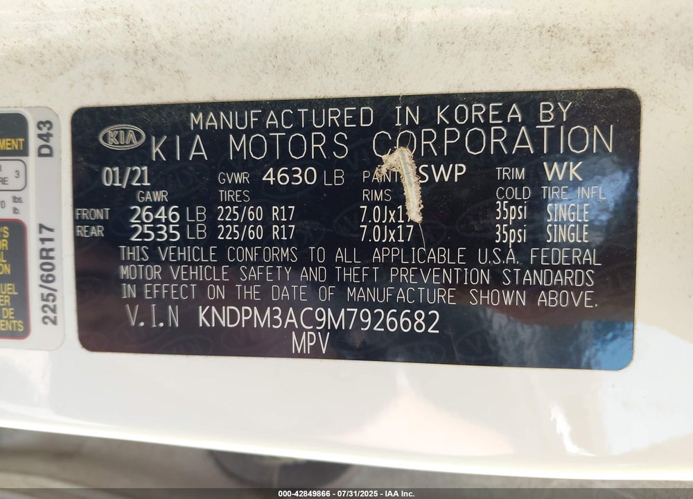 2021 KIA SPORTAGE VIN: KNDPM3AC9M7926682