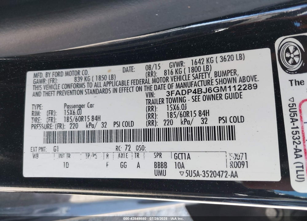 2016 FORD FIESTA VIN: 3FADP4BJ6GM112289