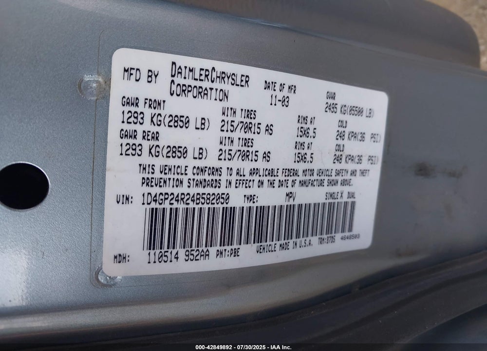 2004 DODGE GRAND CARAVAN SE VIN: 1D4GP24R24B582050
