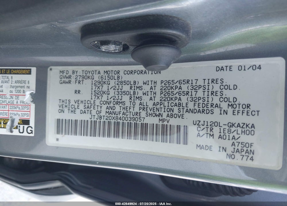 2004 LEXUS GX 470 VIN: JTJBT20X840039057