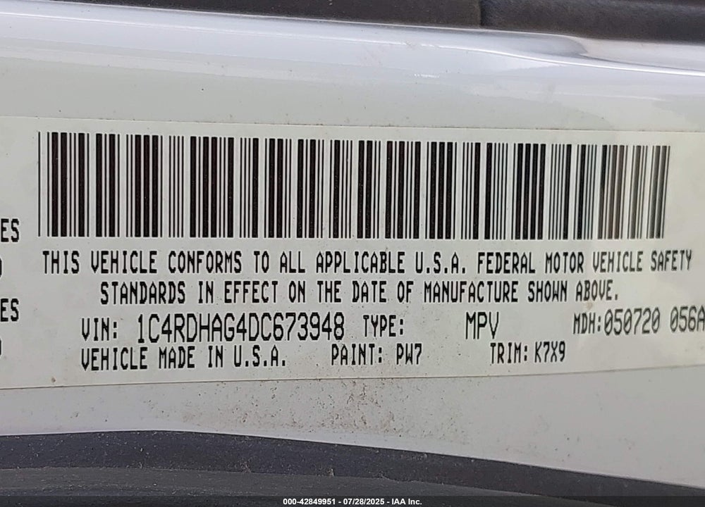 2013 DODGE DURANGO VIN: 1C4RDHAG4DC673948
