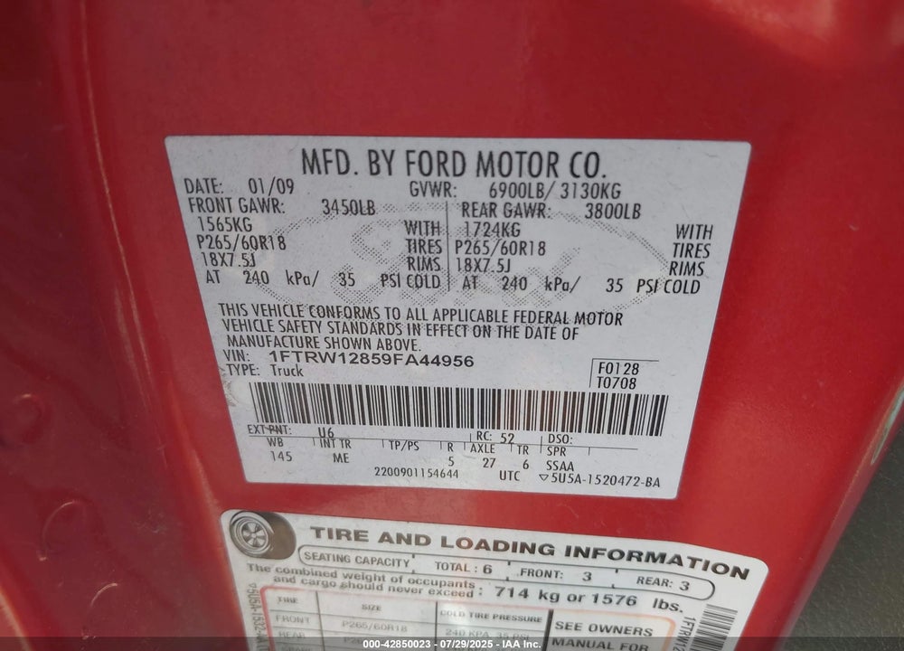 2009 FORD F-150 VIN: 1FTRW12859FA44956