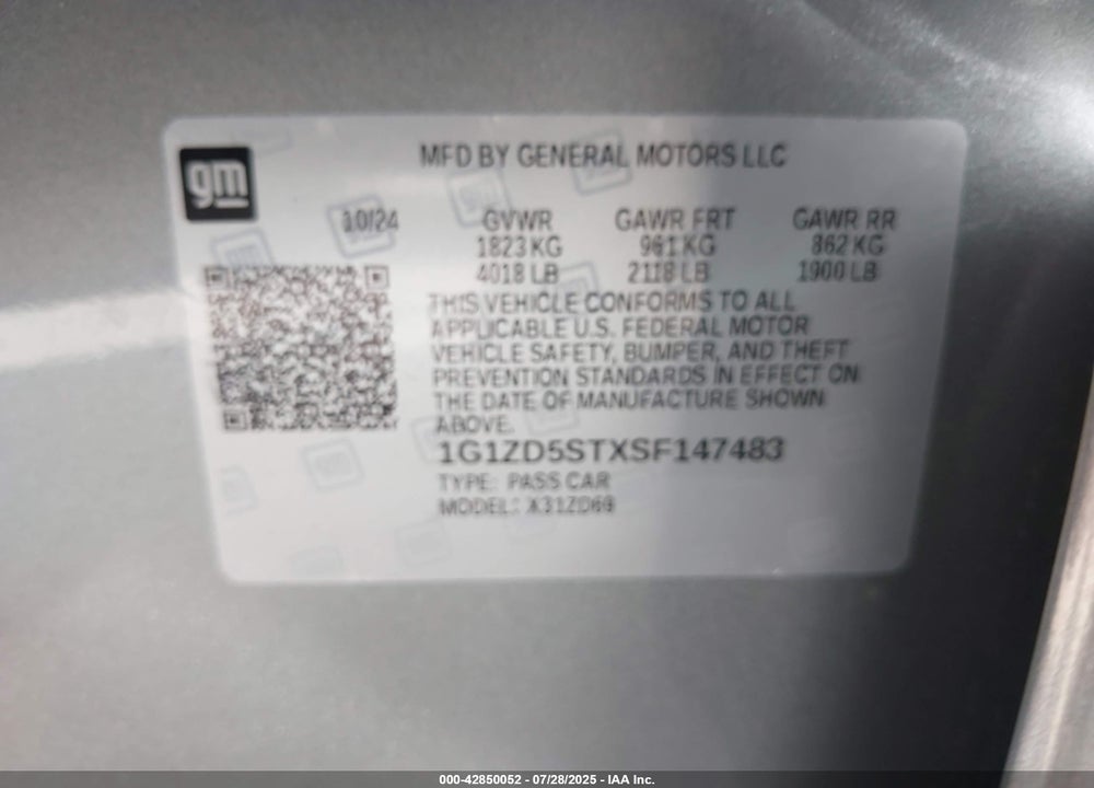 2025 CHEVROLET MALIBU VIN: 1G1ZD5STXSF147483