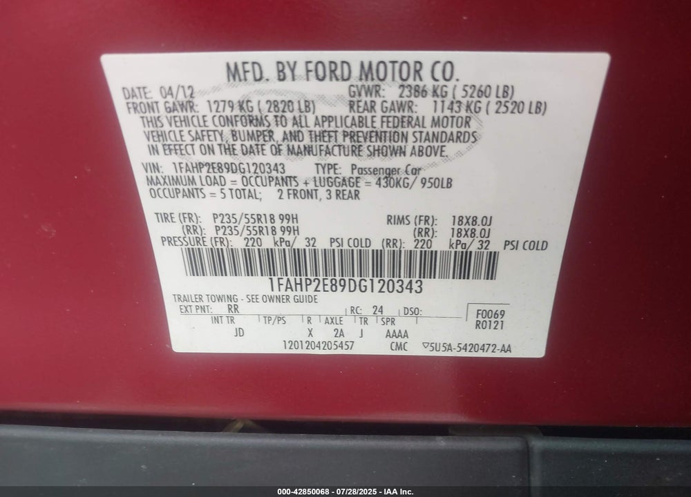 2013 FORD TAURUS VIN: 1FAHP2E89DG120343