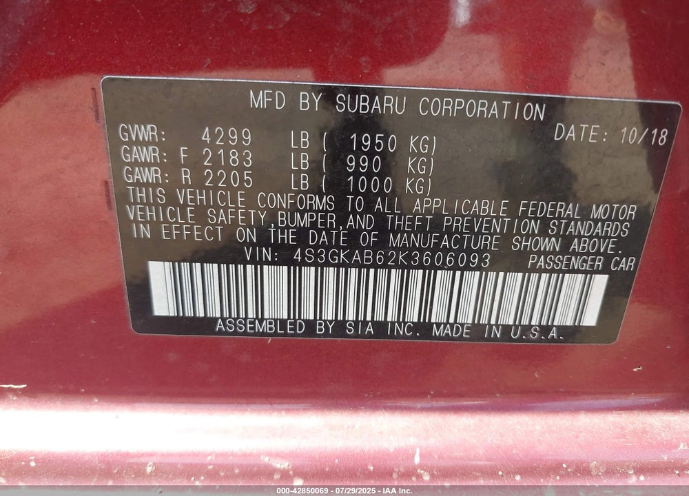 2019 SUBARU IMPREZA VIN: 4S3GKAB62K3606093