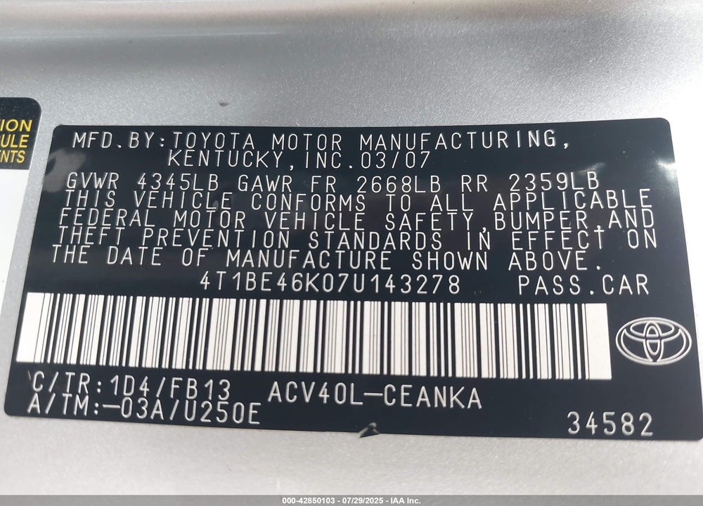 2007 TOYOTA CAMRY LE VIN: 4T1BE46K07U143278