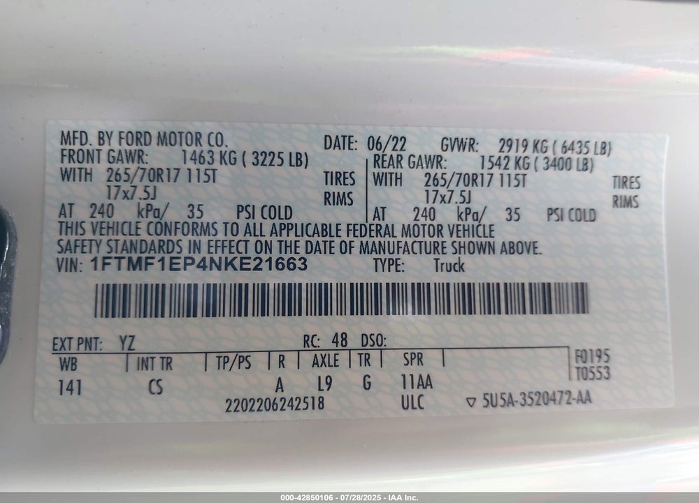 2022 FORD F-150 XL VIN: 1FTMF1EP4NKE21663