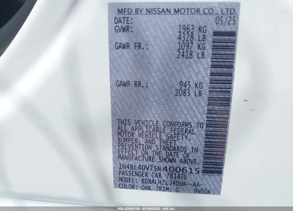 2025 NISSAN ALTIMA VIN: 1N4BL4DV7SN400615