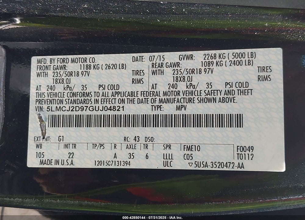 2016 LINCOLN MKC VIN: 5LMCJ2D97GUJ04821