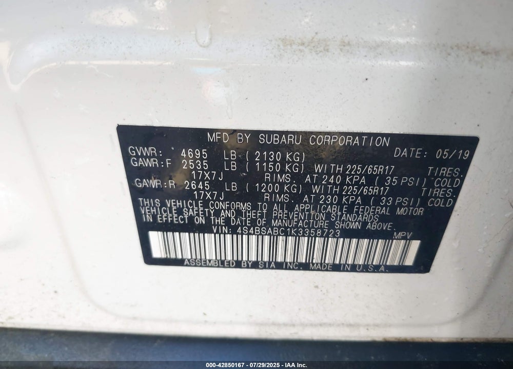 2019 SUBARU OUTBACK VIN: 4S4BSABC1K3358723