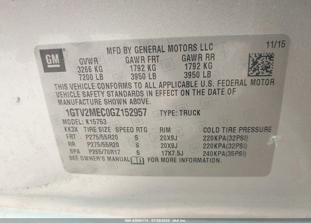 2016 GMC SIERRA 1500 VIN: 1GTV2MEC0GZ152957